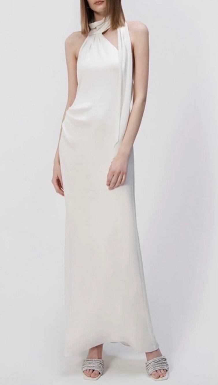 SIMKHAI Gown Vittoria Ivory Satin Maxi Dress Halter Neck Open Back New